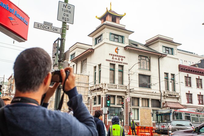 San Francisco Chinatown Walking Tour - Grant Avenue shop stop and pagoda-style architecture at East West Bank