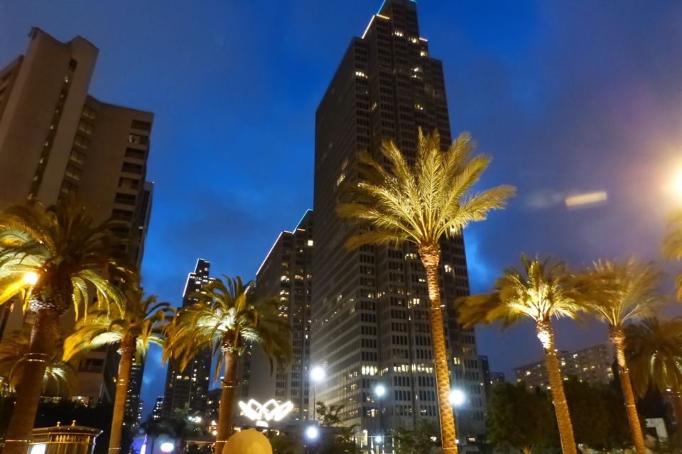 San Francisco Double Decker Bus Night Tour - Nob Hill and Grace Cathedral above the rooftops